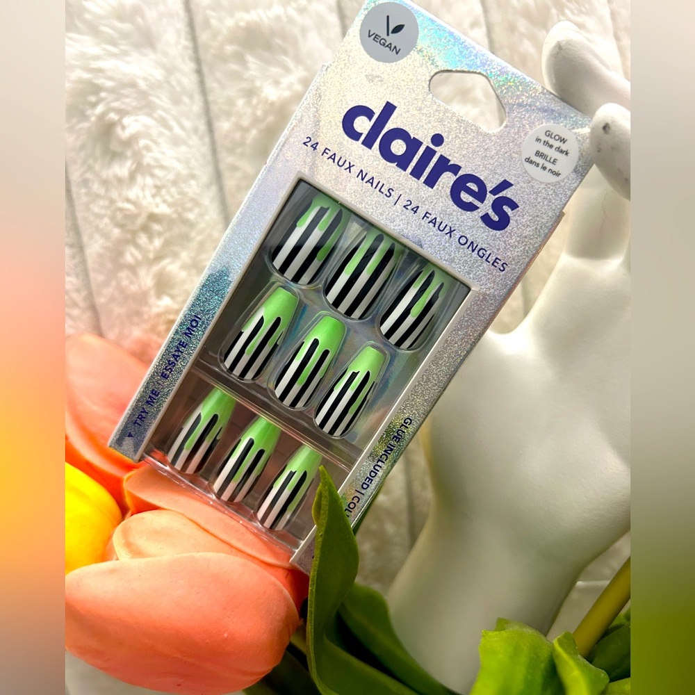 Claire's Neon Green and Black Striped Faux Nails
